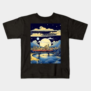 Full Blue Moon Over Portland Oregon on a Dark Background Kids T-Shirt